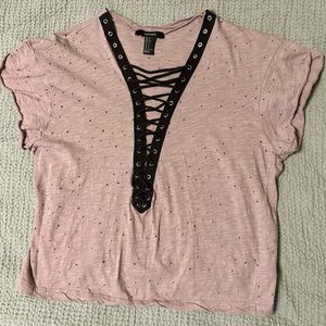 Forever 21 Light Purple Distressed Crop Shirt Lace Up Size Small